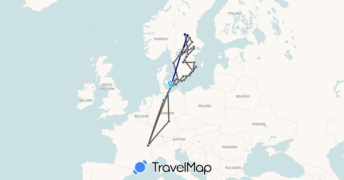 TravelMap itinerary: driving, boat, motorbike in Switzerland, Germany, Denmark, Sweden (Europe)