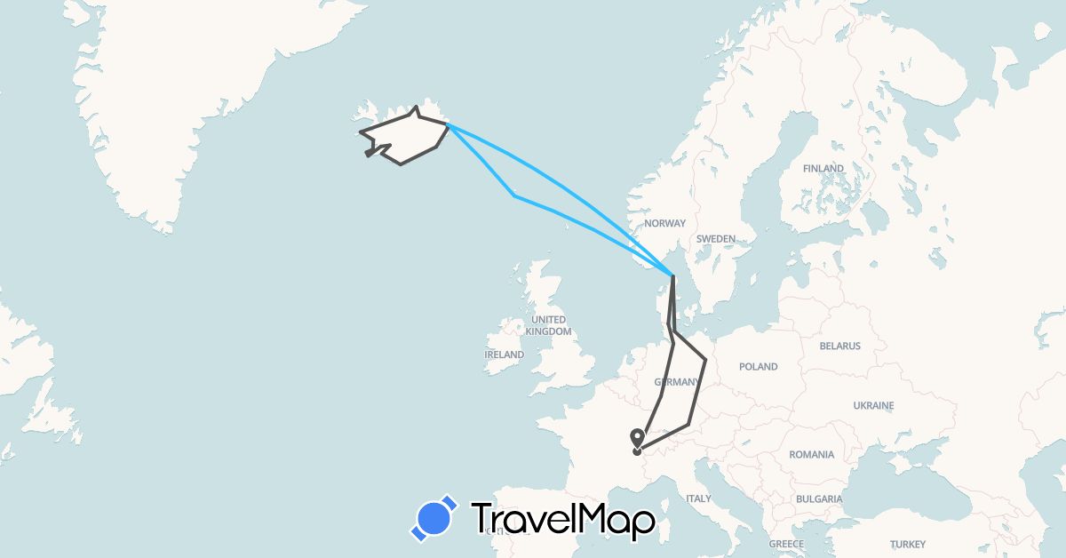 TravelMap itinerary: driving, boat, motorbike in Switzerland, Germany, Denmark, Faroe Islands, Iceland (Europe)